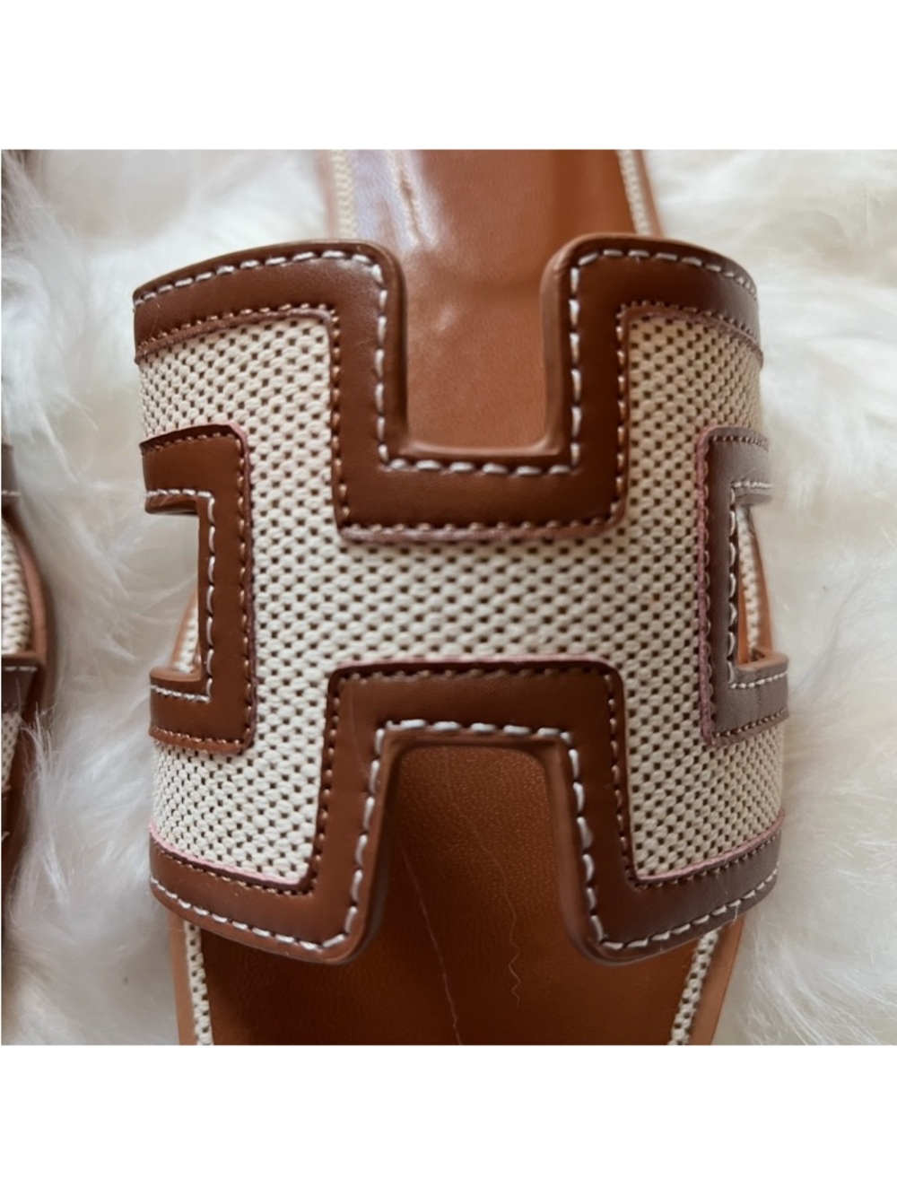 Hermes Brown Leather & Beige Canvas Oran Slide Sandals - Women's size 8 - Picture 5 of 5